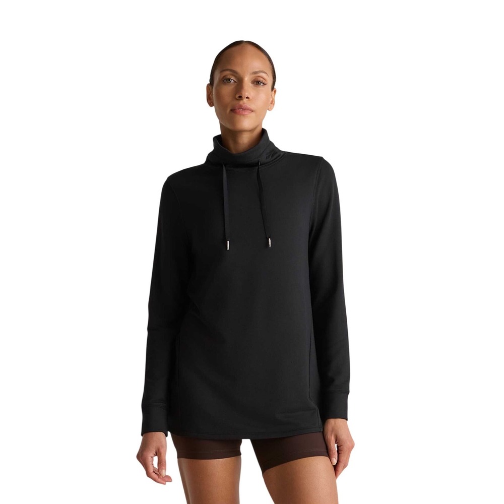 Quince SuperSoft Fleece Mock Neck Pullover Black Drawstring Size L